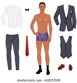 Handsome young black man with clothes, prom or wedding suit, paper doll. Vector illustration.