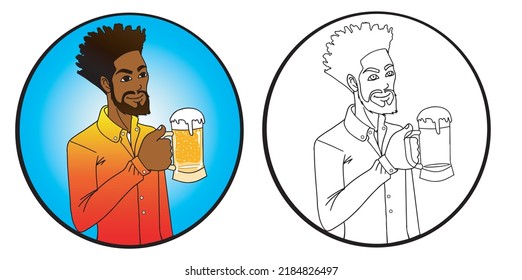 Handsome young black man with a large beer glass in his hand inside a blue circle. Vector illustration with white background.