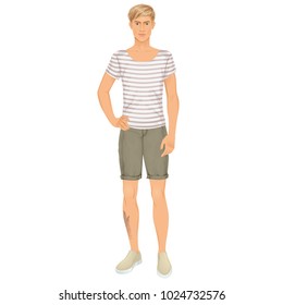 Handsome young blonde man with clothes set, casual wear, paper doll. Vector illustration.