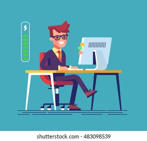 Handsome young businessman character full of energy. Full of energy to work. Vector flat cartoon illustration