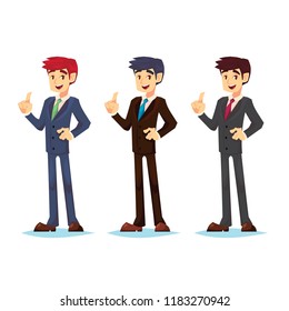 Handsome young businessman color set holding up index finger and giving advice. Attractive manager speaking idea. Modern character design. Vector illustration in the flat cartoon style.