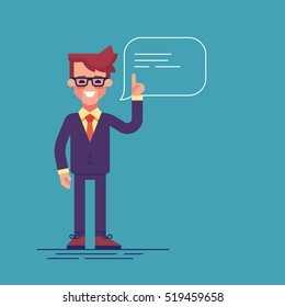 Handsome young businessman holding up his index finger and giving advice. Attractive manager speaking with speech bubble. Modern character design. Vector illustration in the flat style.