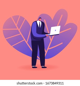 Handsome Young Businessman Holding Laptop in Hands, Choosing Career. Feelings and Mind Concept, Life Choice. Successful Male Character Using Technologies, Chatting Online. Cartoon Vector Illustration