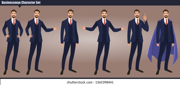 Handsome and Young Businessman Set. Man in Business Suit with Tie. Elegant businessman in different hand poses and Actions. Full length cartoon style vector illustration.