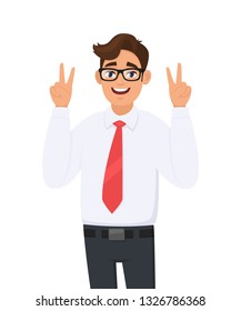 Handsome young businessman showing/gesturing two, victory or v sign with hand fingers. Smiling man making peace sign. Positive human emotion, facial expressions concept illustration in vector cartoon.
