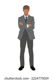 Handsome young businessman standing with his arms crossed. Confident man in formal outfit - suit and tie. Flat vector realistic illustration isolated on white background.