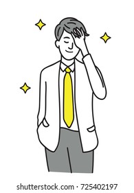 Handsome young businessman, touching his hair, smiling. Outline, linear, thin line art, hand drawn sketch, doodle, cartoon, character design.