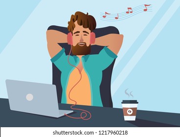 
Handsome young businessman worker freelance casual tired having break rest at home office laying down on chair listening music headphones from notebook concept Vector illustration cartoon character.