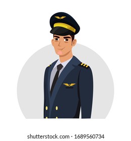 Handsome young friendly smiling man airline pilot character wearing hat and uniform avatar. Airliner captain portrait. Aircraft staff. Dream profession in aviation. People life occupation