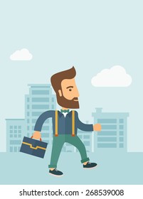 Handsome, young and good looking man positively walking through the city streets to attend a business meeting carrying a briefcase. Business concept. A contemporary style with pastel palette, soft