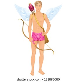 Handsome young guy dressed like Cupid with bow and arrows. Isolated vector illustration.