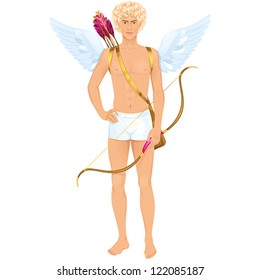 Handsome young guy dressed like Cupid with bow and arrows. Isolated vector illustration.