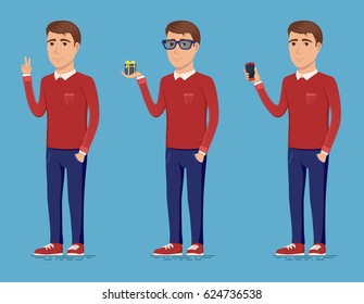 A handsome young guy holding a mobile phone in his hand, a gift and a gesture sign of victory. Man dressed in casual clothes. Vector illustration of funny male.