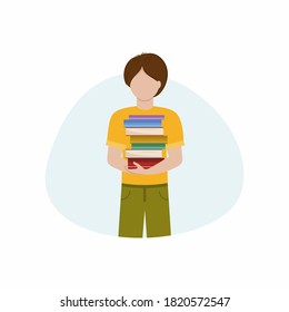 A handsome young guy holds a stack of books. A man with books. The concept of learning, knowledge and reading books. Vector flat illustration for an electronic library or bookstore.
