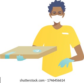 Un chico guapo con una máscara y guantes con la entrega. Un hombre afroamericano trajo pizza. Pide comida en casa. Aislado sobre fondo blanco, diseño azul amarillo.
