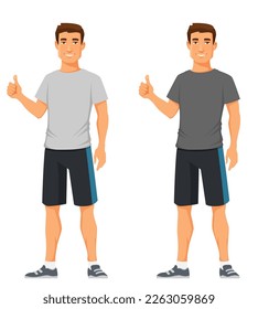 handsome young guy in sport or gym wear, smiling and giving thumbs up. Young man in t-shirt and shorts, ready for his workout. Health and fitness concept. Cartoon character.