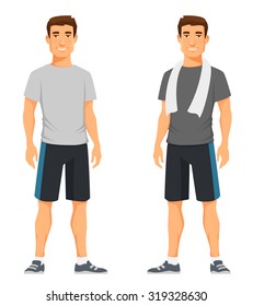 handsome young guy in sport or gym wear. Young man in t-shirt and shorts, ready for his work out. Health and fitness concept. Cartoon character.