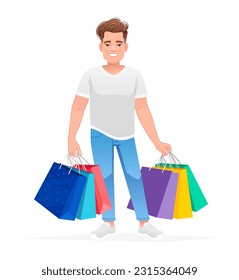 A handsome young guy stands with multi-colored paper bags from shopping. Happy man with packages goes shopping. Vector cartoon illustration isolated on white background.