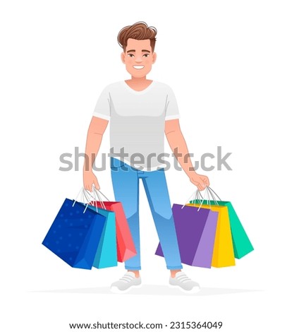 A handsome young guy stands with multi-colored paper bags from shopping. Happy man with packages goes shopping. Vector cartoon illustration isolated on white background.