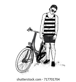 A handsome young guy in a T-shirt and shorts. The guy and the bicycle. Vector illustration.
