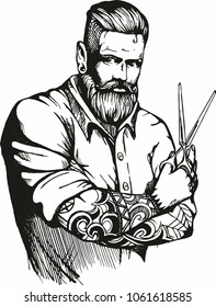 handsome young hipster man is a hairdresser, tattoos and scissors in hand. logo concept for hair salon. fashionable haircut and beard
