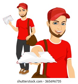 Handsome Young Hipster Post Man In Red Uniform Delivering Mail With Brown Leather Bag