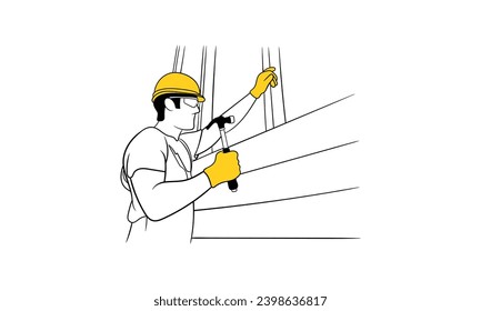 Hombres jóvenes y guapos trabajadores de la construcción sujetando herramientas de martillo y sonriente mientras instalan madera exterior lateral Ilustración vectorial plana