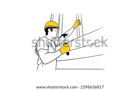 Handsome young male construction worker holding hammer tool and smiling while installing exterior wood siding Flat vector illustration