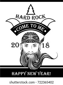 Handsome young man with a beard. Black graphics are not white background. The motoclub and hard rock theme. Happy New Year. Vector graphics. Emblem. Man of European type. The biker is in a bandana.