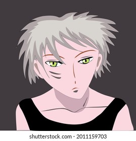 handsome young man with blond hair and green eyes in anime style in a black t-shirt on a dark background