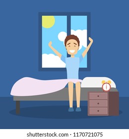 Handsome young man in blue t-shirt strecthing up in the bed after a sleep. Guy relaxing in his bedroom. Isolated vector flat illustration