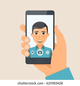 Handsome young man boy takes selfie using a smartphone. Vector illustration.