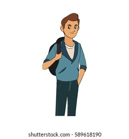 handsome young man with brown hair blue jacket and backpack icon