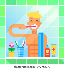 Handsome young man is brushing teeth in bathroom/ Stock vector illustration in flat design.