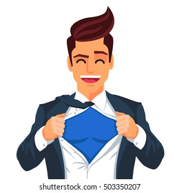 Handsome young man in a business suit wearing a tie with a white shirt. Vector illustration on white background. The concept of a successful businessman. Hero, ripping off his shirt.