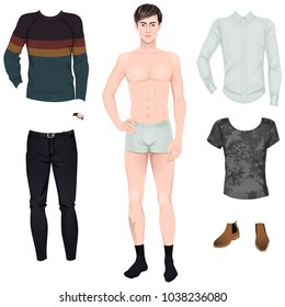 Handsome young man with casual clothes set, paper doll. Vector illustration.