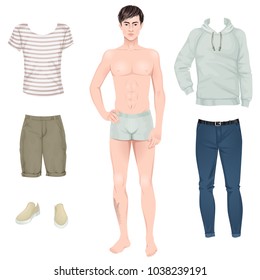 Handsome young man with casual clothes set, paper doll. Vector illustration.