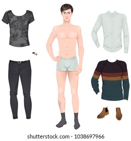 Handsome young man with casual clothes set, paper doll. Vector illustration.