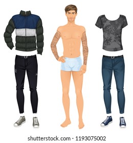 Handsome young man with casual clothes set, paper doll. Vector illustration.