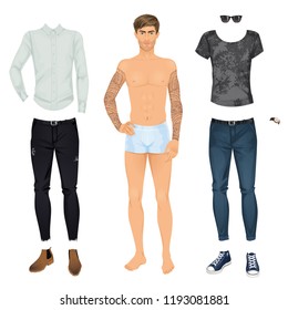 Handsome young man with casual clothes set, paper doll. Vector illustration.
