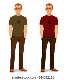 handsome young man in casual clothes with glasses. Cool laid-back guy standing with hands in his pockets. Isolated on white. Vector eps file.