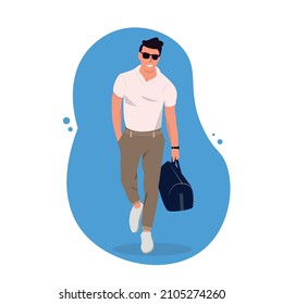 Handsome young man in casual fashion clothes, sunglasses with sport bag is walking