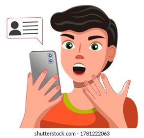 Un guapo joven con una camiseta informal hablando en el smartphone con una ilustración vectorial de burbuja de chat de estilo plano. Personaje masculino sostiene un teléfono inteligente mirando la pantalla táctil, habla en un teléfono con altavoz