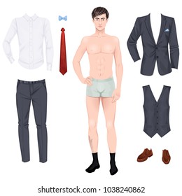 Handsome young man with clothes, prom or wedding suit, paper doll. Vector illustration.