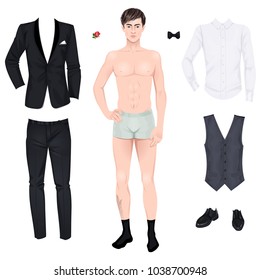 Handsome young man with clothes, prom or wedding suit, paper doll. Vector illustration.