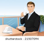 Handsome young man in a dark suit drinking tea and reading a newspaper in a cafeteria at the seaside.