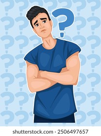 A handsome young man is deep in thought. Question mark. Flat vector illustration.