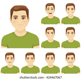 Handsome young man with different facial expressions set isolated