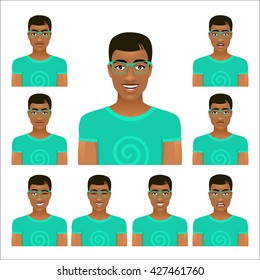 Handsome young man face in glasses with nine different facial expressions. Vector cartoon avatar icon set on white background.
