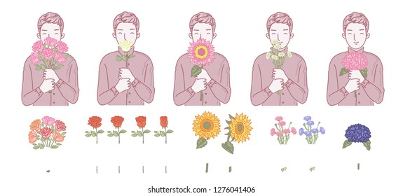 Handsome young man holding a bouquet of flowers. male look the flower in front. With a happy feeling. Recipients and contributors. Isolated illustration icons. Rose, sunflower, hydrangea and daisy.